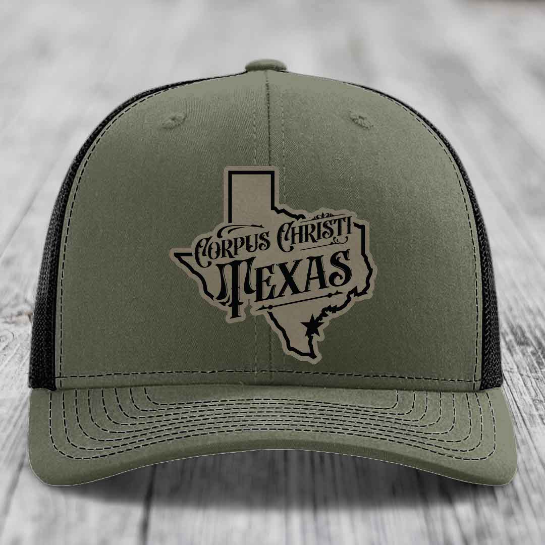 Corpus Christi Texas (Deluxe) - Leather Patch Hat - Light Brown to Black Patch - Richardson 112 Snapback Trucker Hat