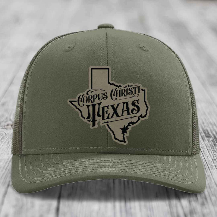 Corpus Christi Texas (Deluxe) - Leather Patch Hat - Light Brown to Black Patch - Richardson 112 Snapback Trucker Hat