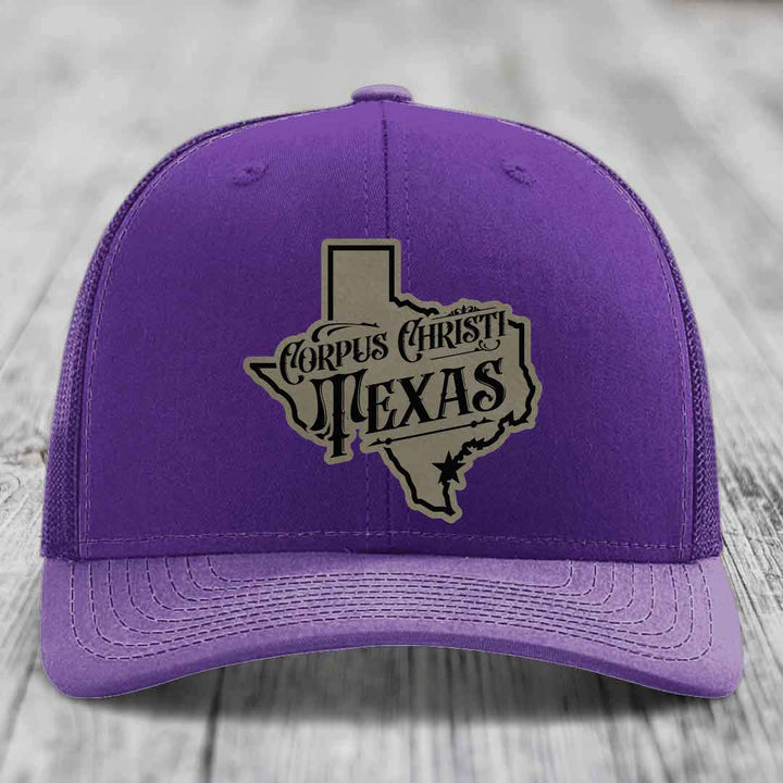 Corpus Christi Texas (Deluxe) - Leather Patch Hat - Light Brown to Black Patch - Richardson 112 Snapback Trucker Hat