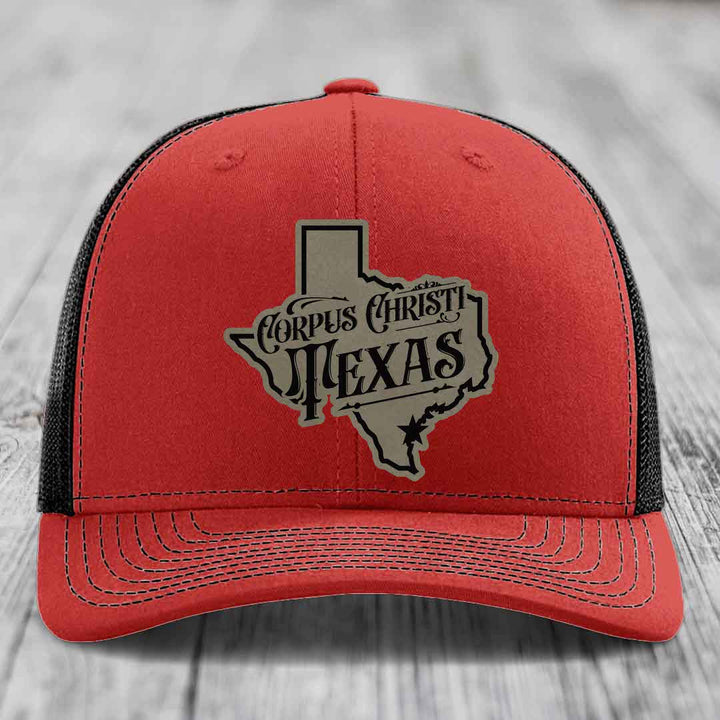 Corpus Christi Texas (Deluxe) - Leather Patch Hat - Light Brown to Black Patch - Richardson 112 Snapback Trucker Hat
