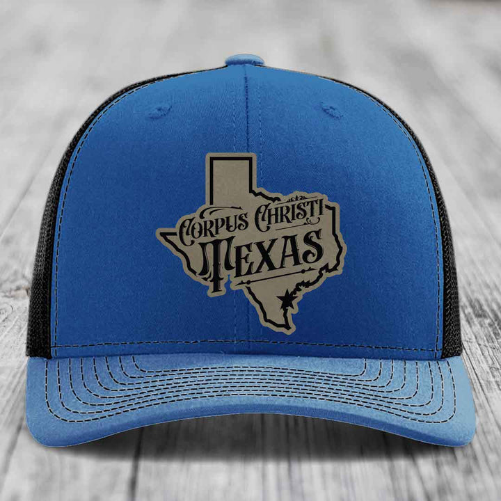 Corpus Christi Texas (Deluxe) - Leather Patch Hat - Light Brown to Black Patch - Richardson 112 Snapback Trucker Hat