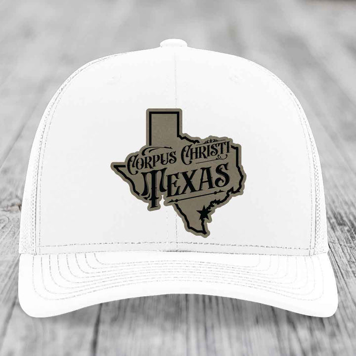 Corpus Christi Texas (Deluxe) - Leather Patch Hat - Light Brown to Black Patch - Richardson 112 Snapback Trucker Hat