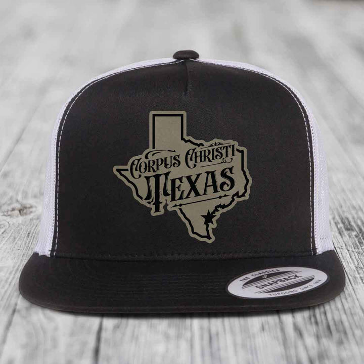 Corpus Christi Texas (Deluxe) - Leather Patch Hat - Light Brown to Black Patch - Yupoong 6006 Snapback Flatbill Hat