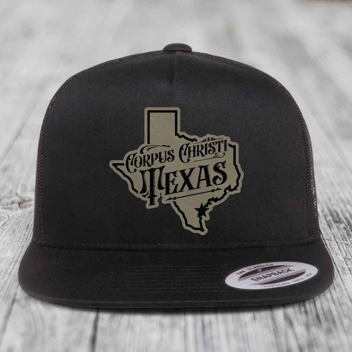 Corpus Christi Texas (Deluxe) - Leather Patch Hat - Light Brown to Black Patch - Yupoong 6006 Snapback Flatbill Hat