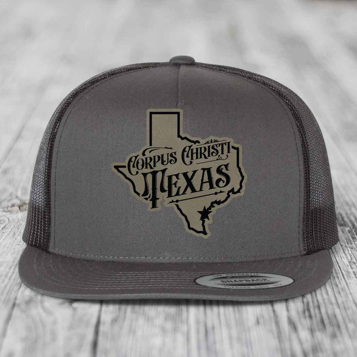 Corpus Christi Texas (Deluxe) - Leather Patch Hat - Light Brown to Black Patch - Yupoong 6006 Snapback Flatbill Hat