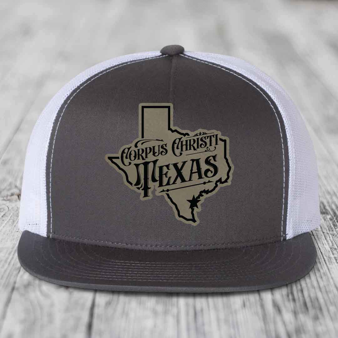 Corpus Christi Texas (Deluxe) - Leather Patch Hat - Light Brown to Black Patch - Yupoong 6006 Snapback Flatbill Hat