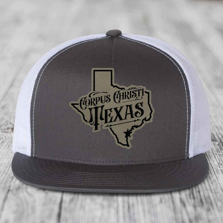 Corpus Christi Texas (Deluxe) - Leather Patch Hat - Light Brown to Black Patch - Yupoong 6006 Snapback Flatbill Hat