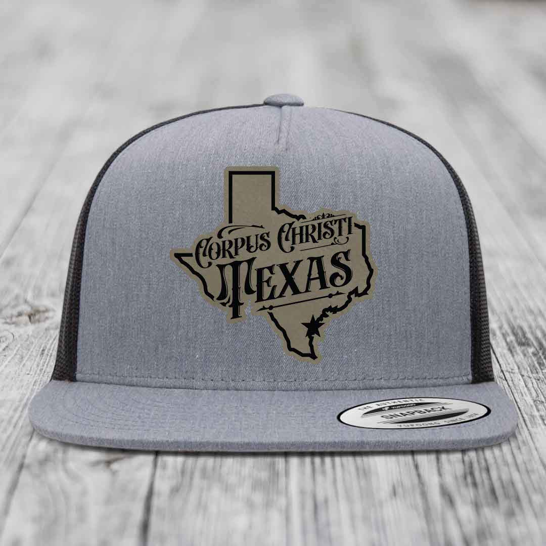 Corpus Christi Texas (Deluxe) - Leather Patch Hat - Light Brown to Black Patch - Yupoong 6006 Snapback Flatbill Hat