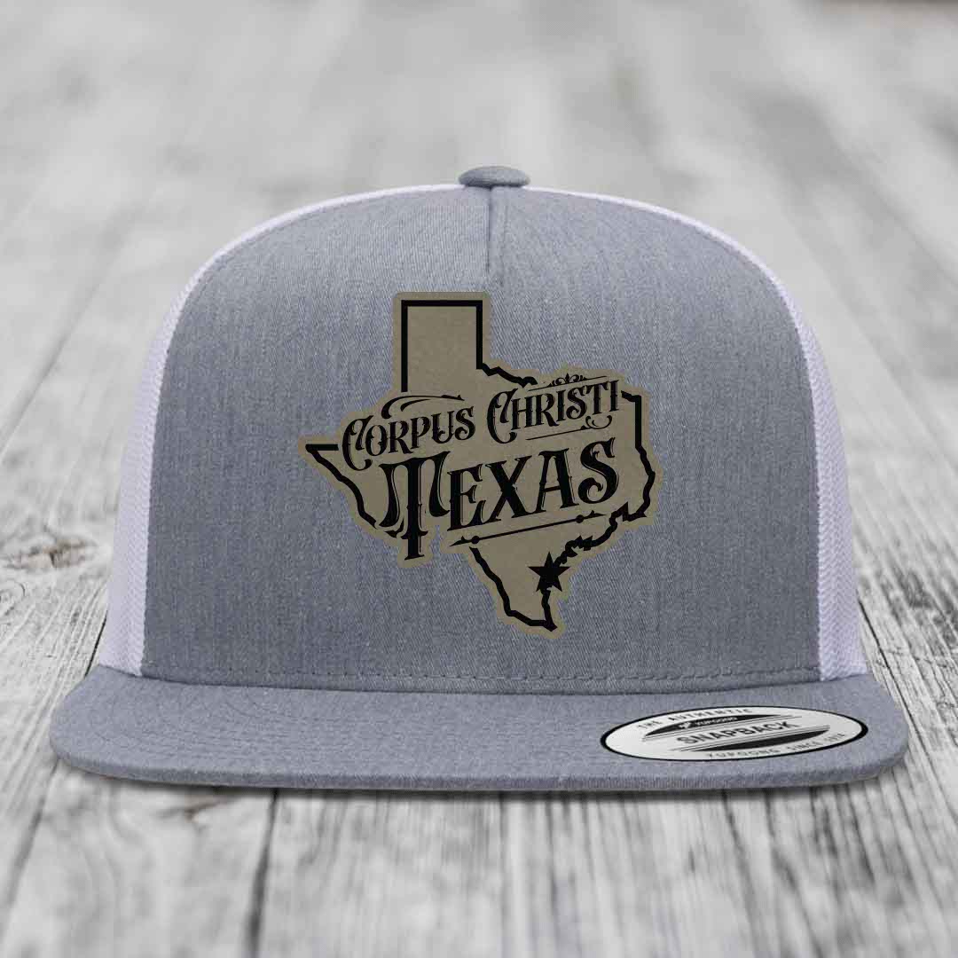 Corpus Christi Texas (Deluxe) - Leather Patch Hat - Light Brown to Black Patch - Yupoong 6006 Snapback Flatbill Hat