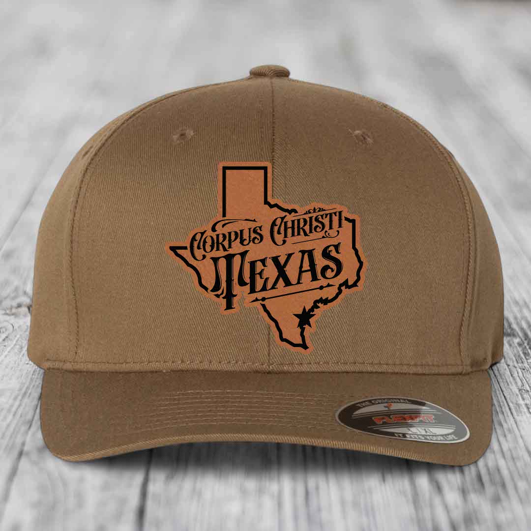 Corpus Christi Texas (Deluxe) - Leather Patch Hat - Rawhide to Black Patch - Flexfit 6277 Fitted Hat