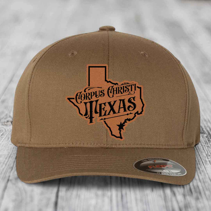 Corpus Christi Texas (Deluxe) - Leather Patch Hat - Rawhide to Black Patch - Flexfit 6277 Fitted Hat