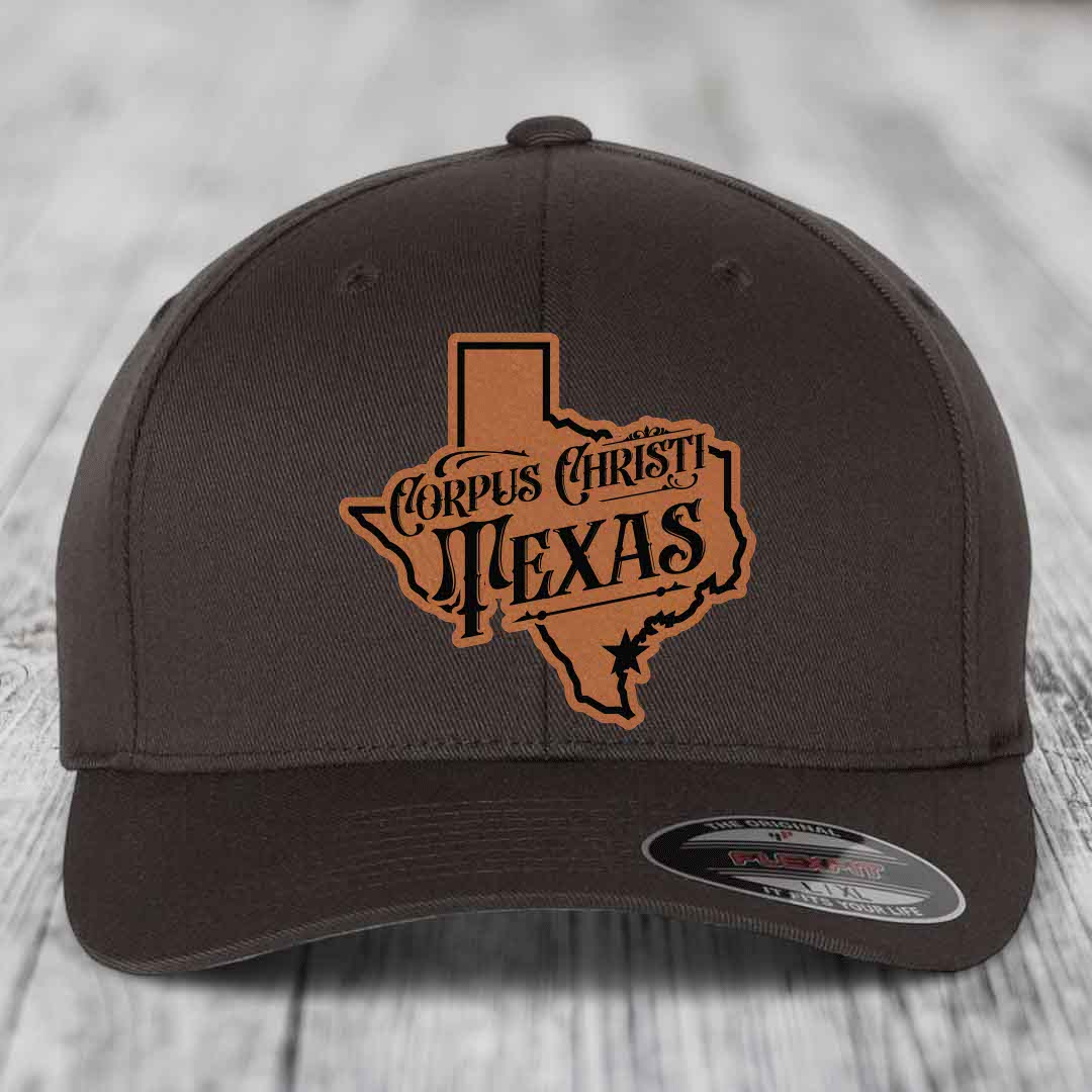 Corpus Christi Texas (Deluxe) - Leather Patch Hat - Rawhide to Black Patch - Flexfit 6277 Fitted Hat