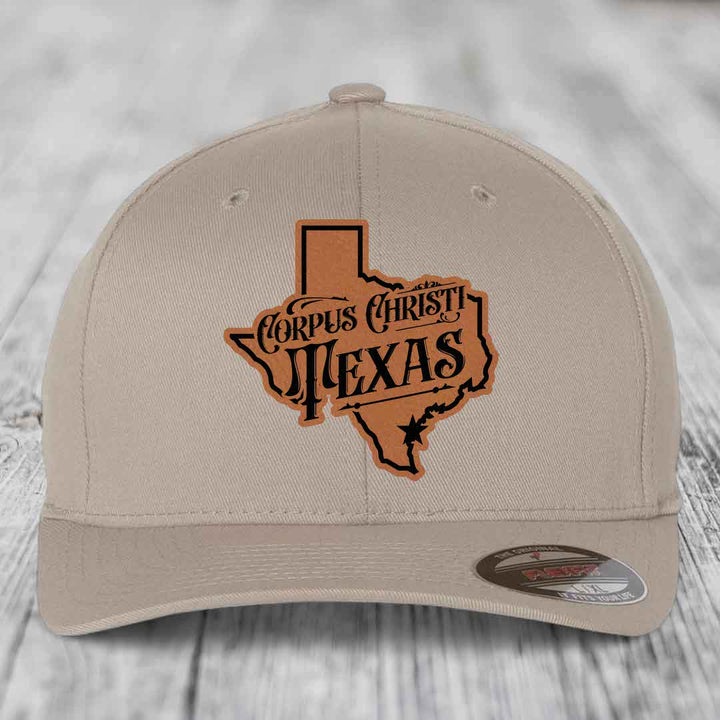 Corpus Christi Texas (Deluxe) - Leather Patch Hat - Rawhide to Black Patch - Flexfit 6277 Fitted Hat