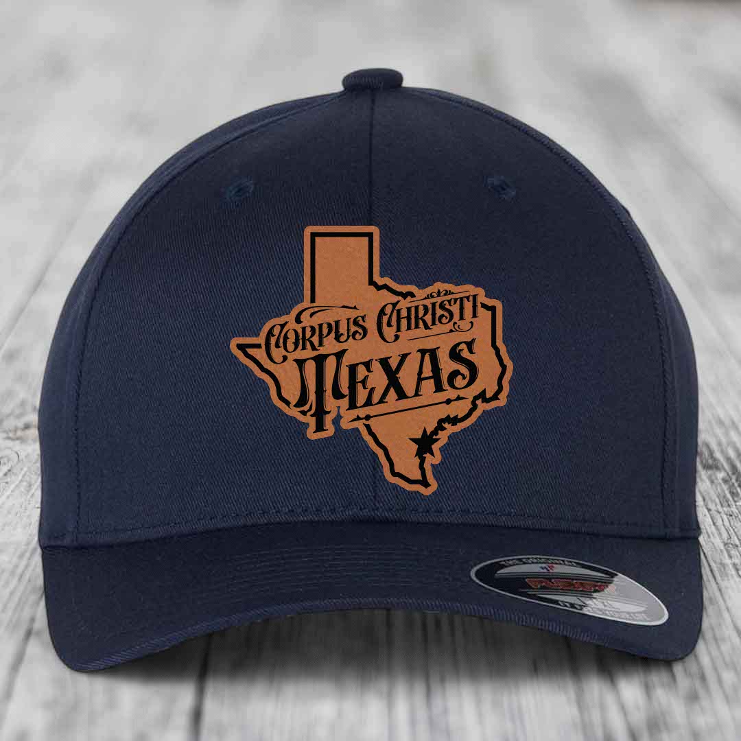 Corpus Christi Texas (Deluxe) - Leather Patch Hat - Rawhide to Black Patch - Flexfit 6277 Fitted Hat