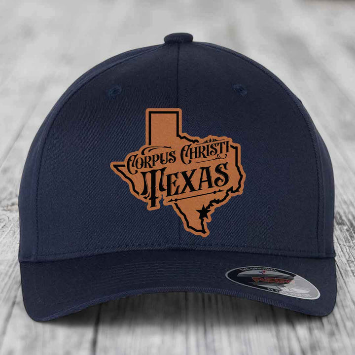 Corpus Christi Texas (Deluxe) - Leather Patch Hat - Rawhide to Black Patch - Flexfit 6277 Fitted Hat