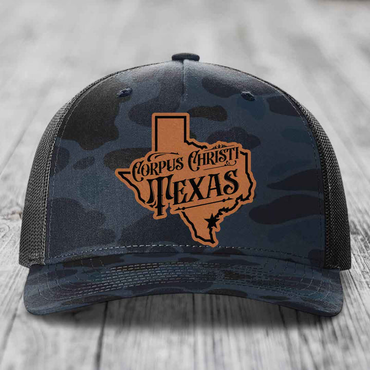 Corpus Christi Texas (Deluxe) - Leather Patch Hat - Rawhide to Black Patch - Richardson 112PFP Snapback Trucker Hat