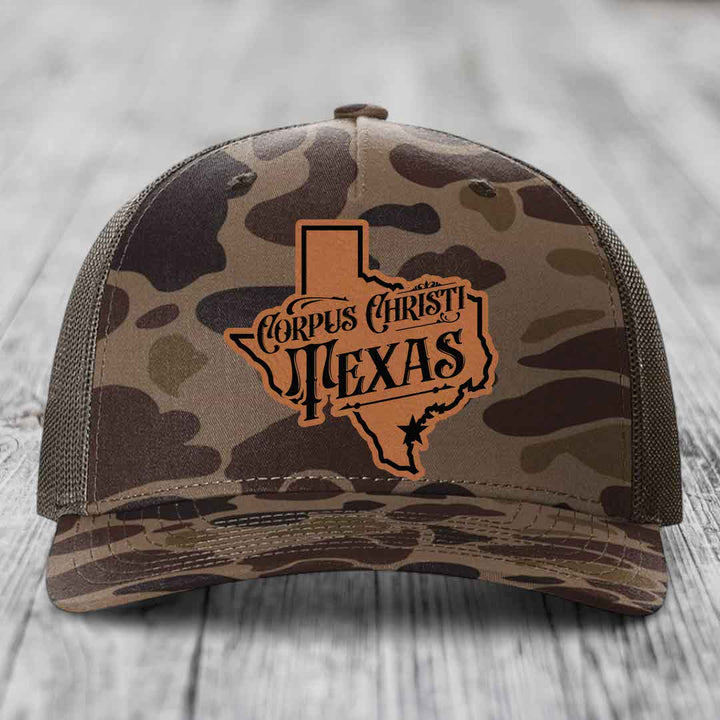 Corpus Christi Texas (Deluxe) - Leather Patch Hat - Rawhide to Black Patch - Richardson 112PFP Snapback Trucker Hat