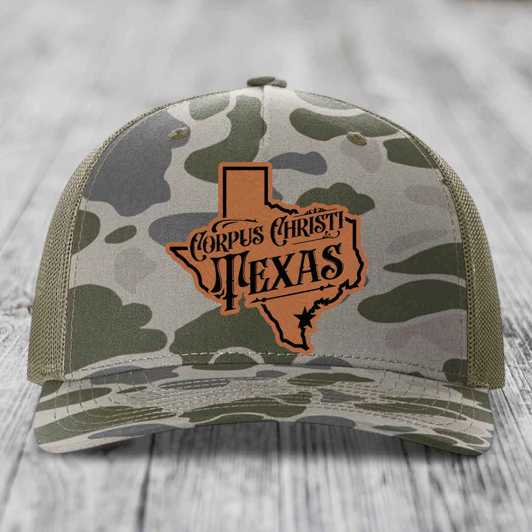 Corpus Christi Texas (Deluxe) - Leather Patch Hat - Rawhide to Black Patch - Richardson 112PFP Snapback Trucker Hat