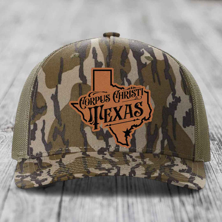 Corpus Christi Texas (Deluxe) - Leather Patch Hat - Rawhide to Black Patch - Richardson 112PFP Snapback Trucker Hat