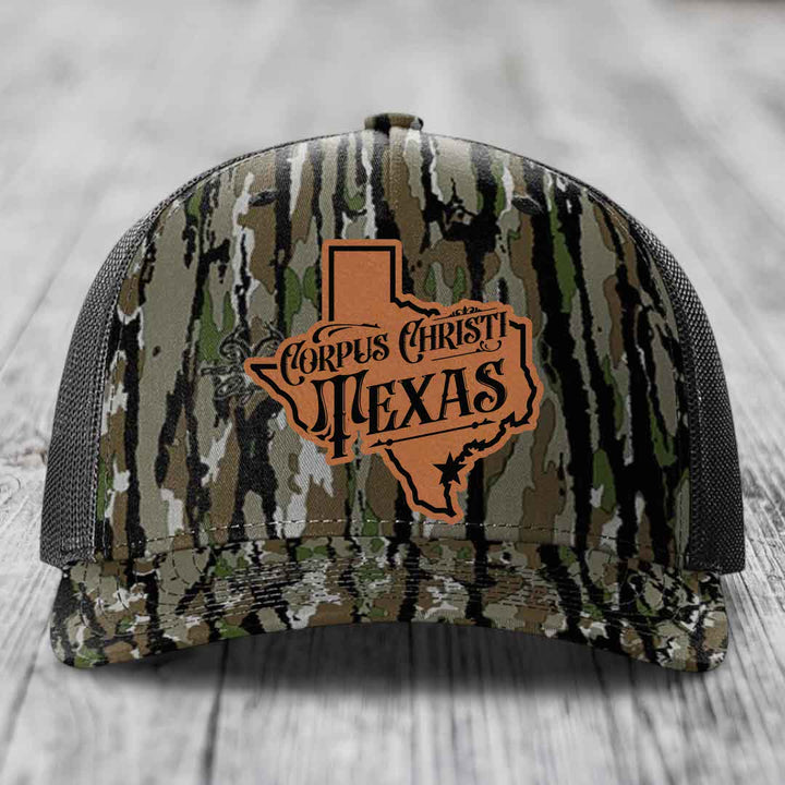 Corpus Christi Texas (Deluxe) - Leather Patch Hat - Rawhide to Black Patch - Richardson 112PFP Snapback Trucker Hat