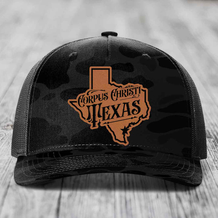 Corpus Christi Texas (Deluxe) - Leather Patch Hat - Rawhide to Black Patch - Richardson 112PFP Snapback Trucker Hat