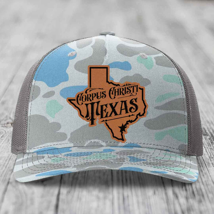 Corpus Christi Texas (Deluxe) - Leather Patch Hat - Rawhide to Black Patch - Richardson 112PFP Snapback Trucker Hat