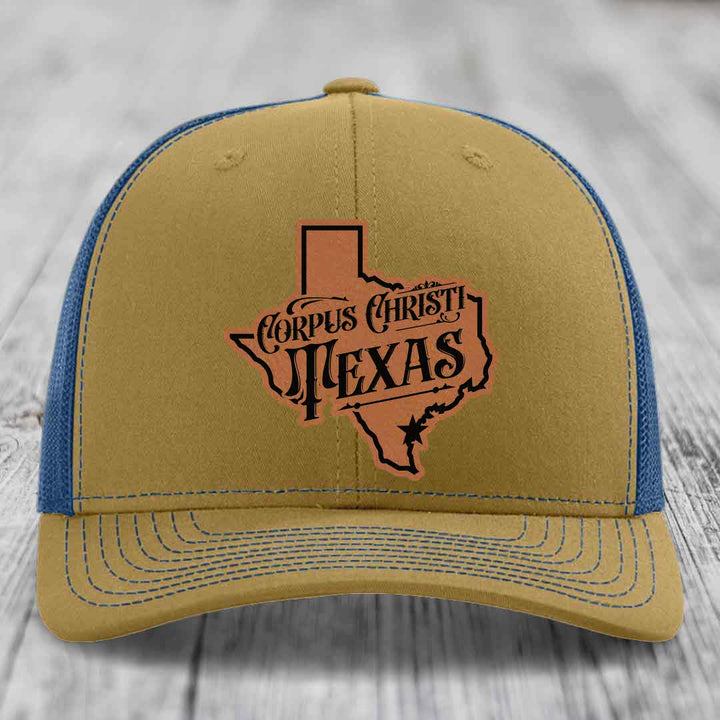 Corpus Christi Texas (Deluxe) - Leather Patch Hat - Rawhide to Black Patch - Richardson 112 Snapback Trucker Hat