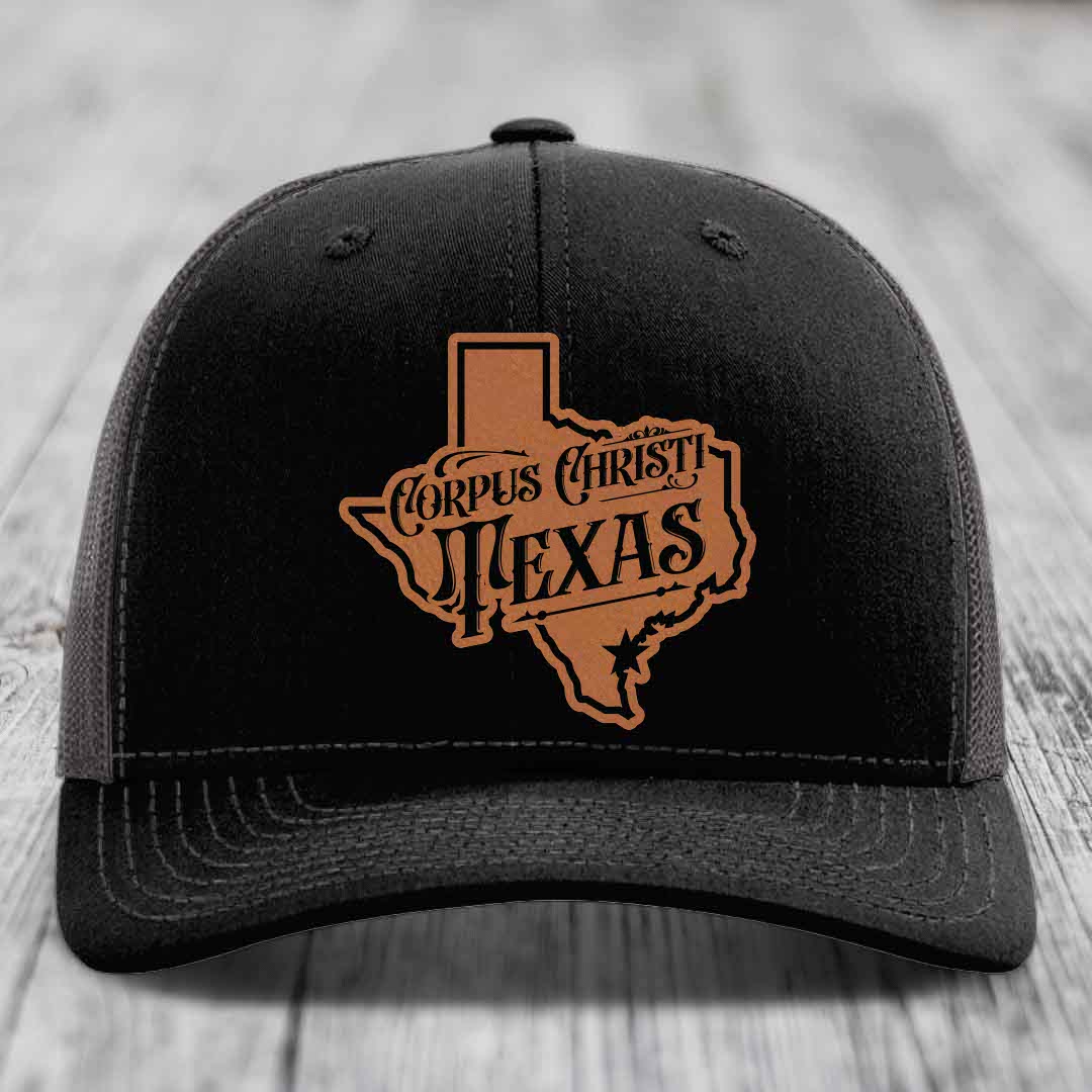 Corpus Christi Texas (Deluxe) - Leather Patch Hat - Rawhide to Black Patch - Richardson 112 Snapback Trucker Hat