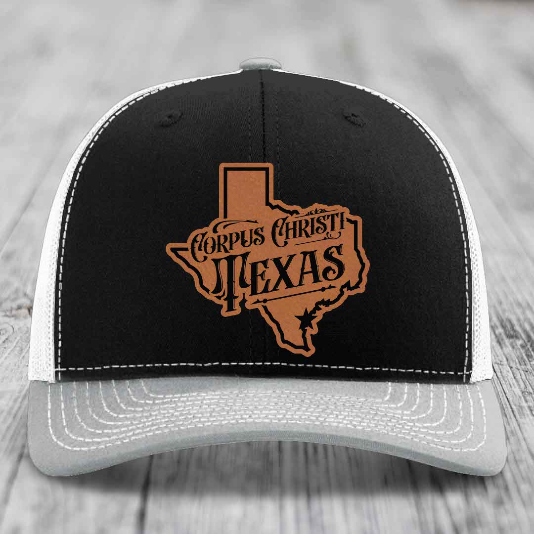 Corpus Christi Texas (Deluxe) - Leather Patch Hat - Rawhide to Black Patch - Richardson 112 Snapback Trucker Hat