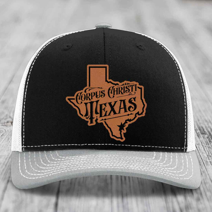 Corpus Christi Texas (Deluxe) - Leather Patch Hat - Rawhide to Black Patch - Richardson 112 Snapback Trucker Hat