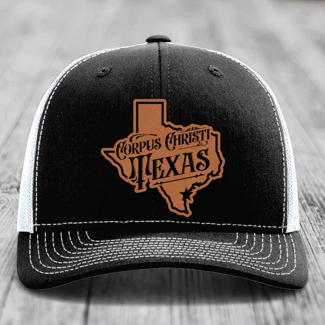 Corpus Christi Texas (Deluxe) - Leather Patch Hat - Rawhide to Black Patch - Richardson 112 Snapback Trucker Hat