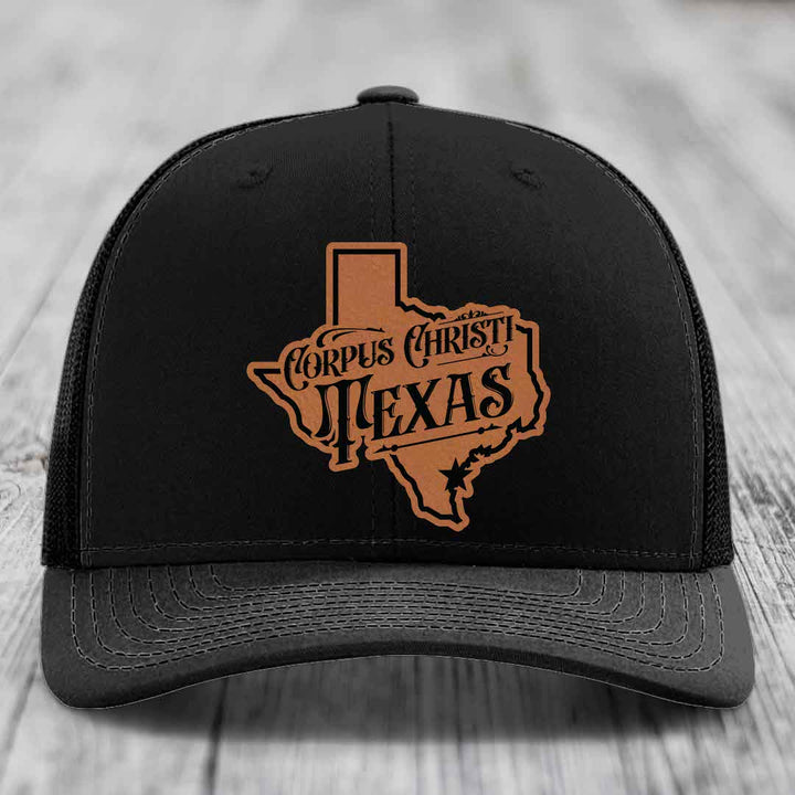 Corpus Christi Texas (Deluxe) - Leather Patch Hat - Rawhide to Black Patch - Richardson 112 Snapback Trucker Hat