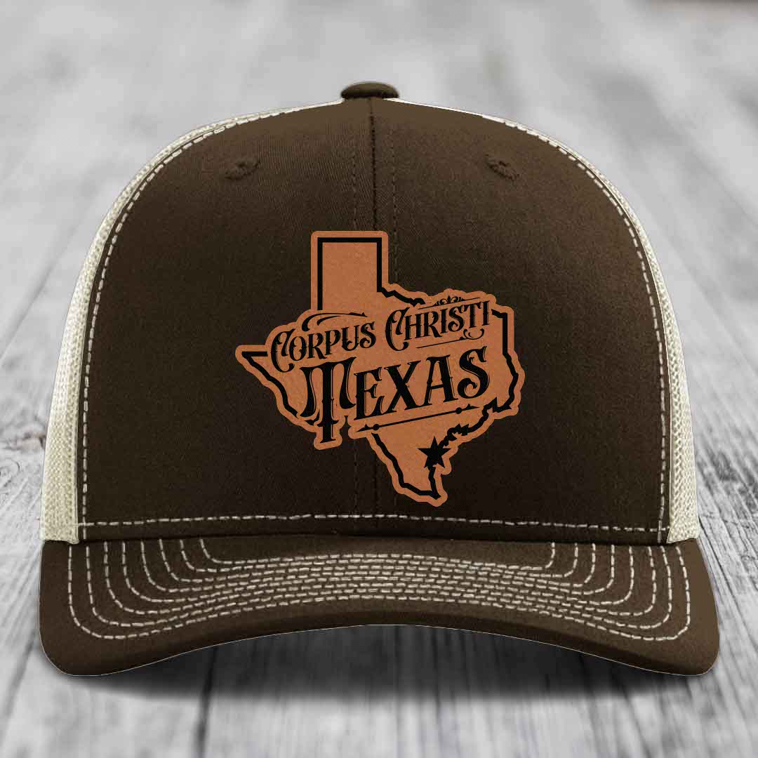 Corpus Christi Texas (Deluxe) - Leather Patch Hat - Rawhide to Black Patch - Richardson 112 Snapback Trucker Hat