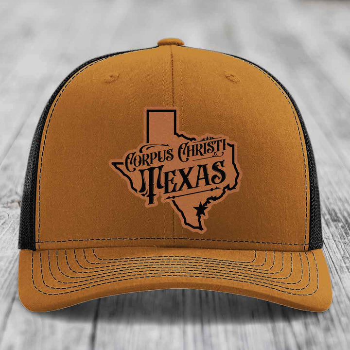 Corpus Christi Texas (Deluxe) - Leather Patch Hat - Rawhide to Black Patch - Richardson 112 Snapback Trucker Hat