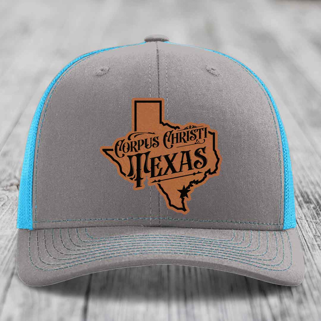 Corpus Christi Texas (Deluxe) - Leather Patch Hat - Rawhide to Black Patch - Richardson 112 Snapback Trucker Hat