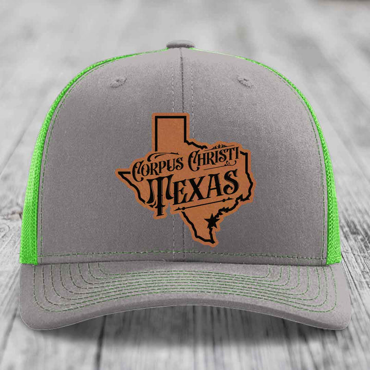 Corpus Christi Texas (Deluxe) - Leather Patch Hat - Rawhide to Black Patch - Richardson 112 Snapback Trucker Hat