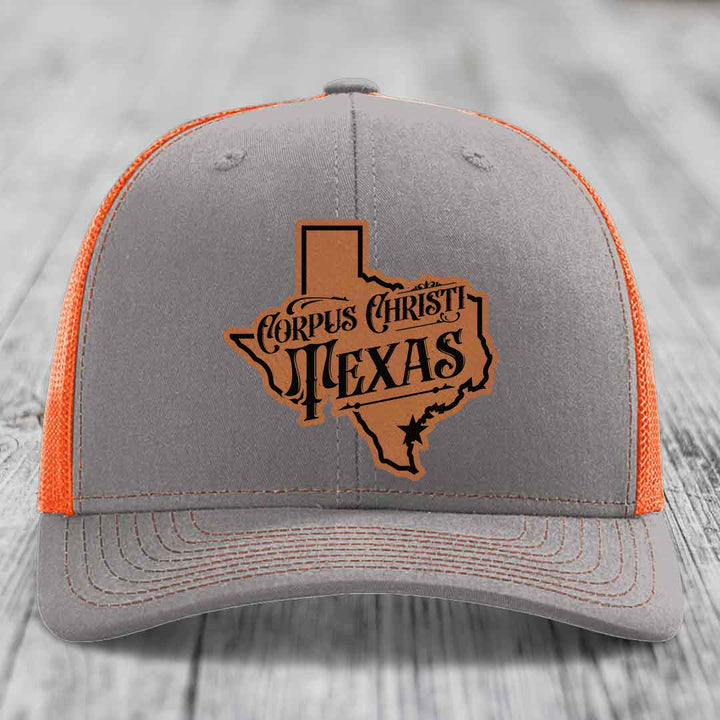 Corpus Christi Texas (Deluxe) - Leather Patch Hat - Rawhide to Black Patch - Richardson 112 Snapback Trucker Hat