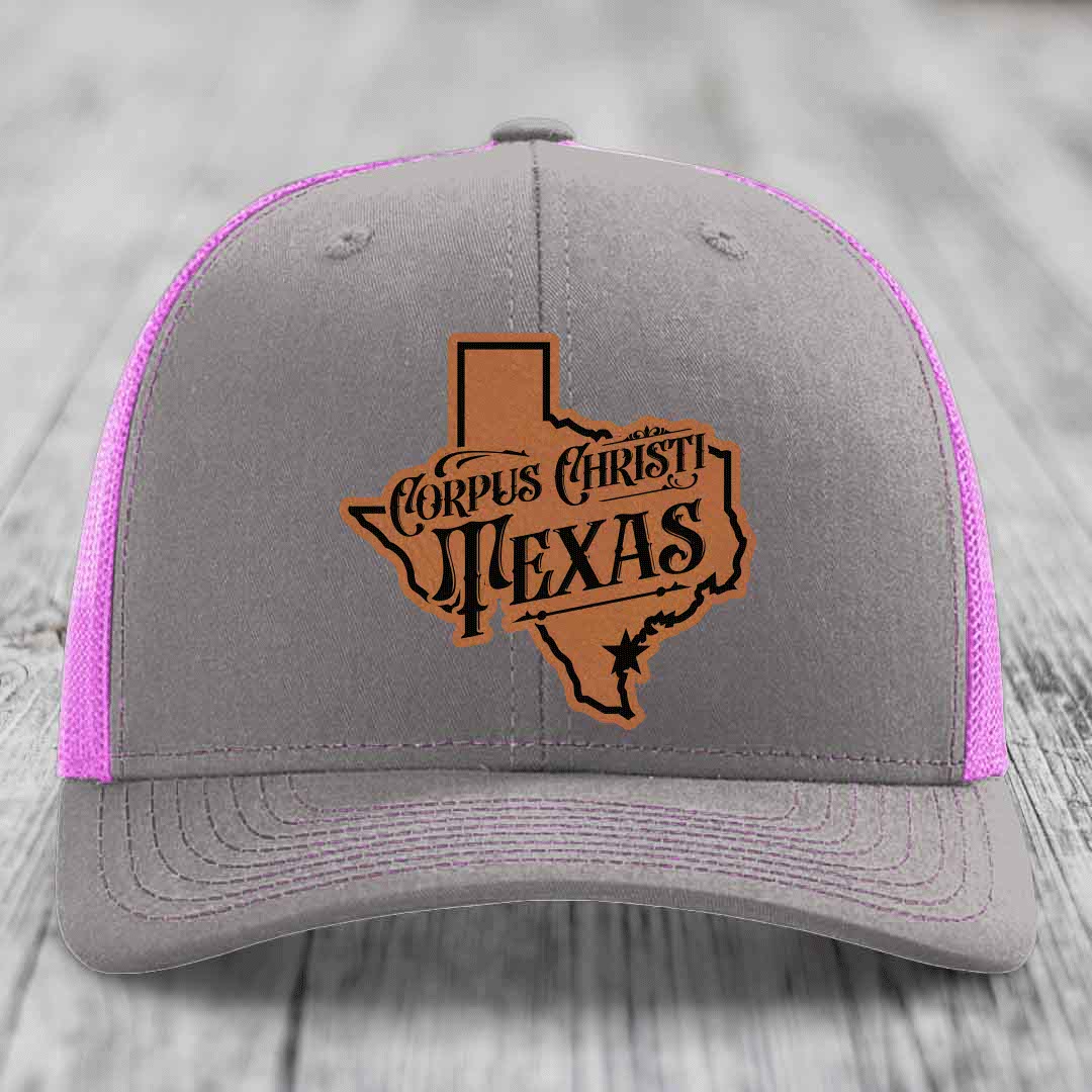 Corpus Christi Texas (Deluxe) - Leather Patch Hat - Rawhide to Black Patch - Richardson 112 Snapback Trucker Hat