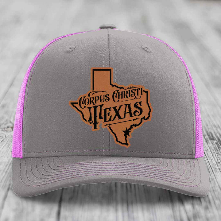 Corpus Christi Texas (Deluxe) - Leather Patch Hat - Rawhide to Black Patch - Richardson 112 Snapback Trucker Hat
