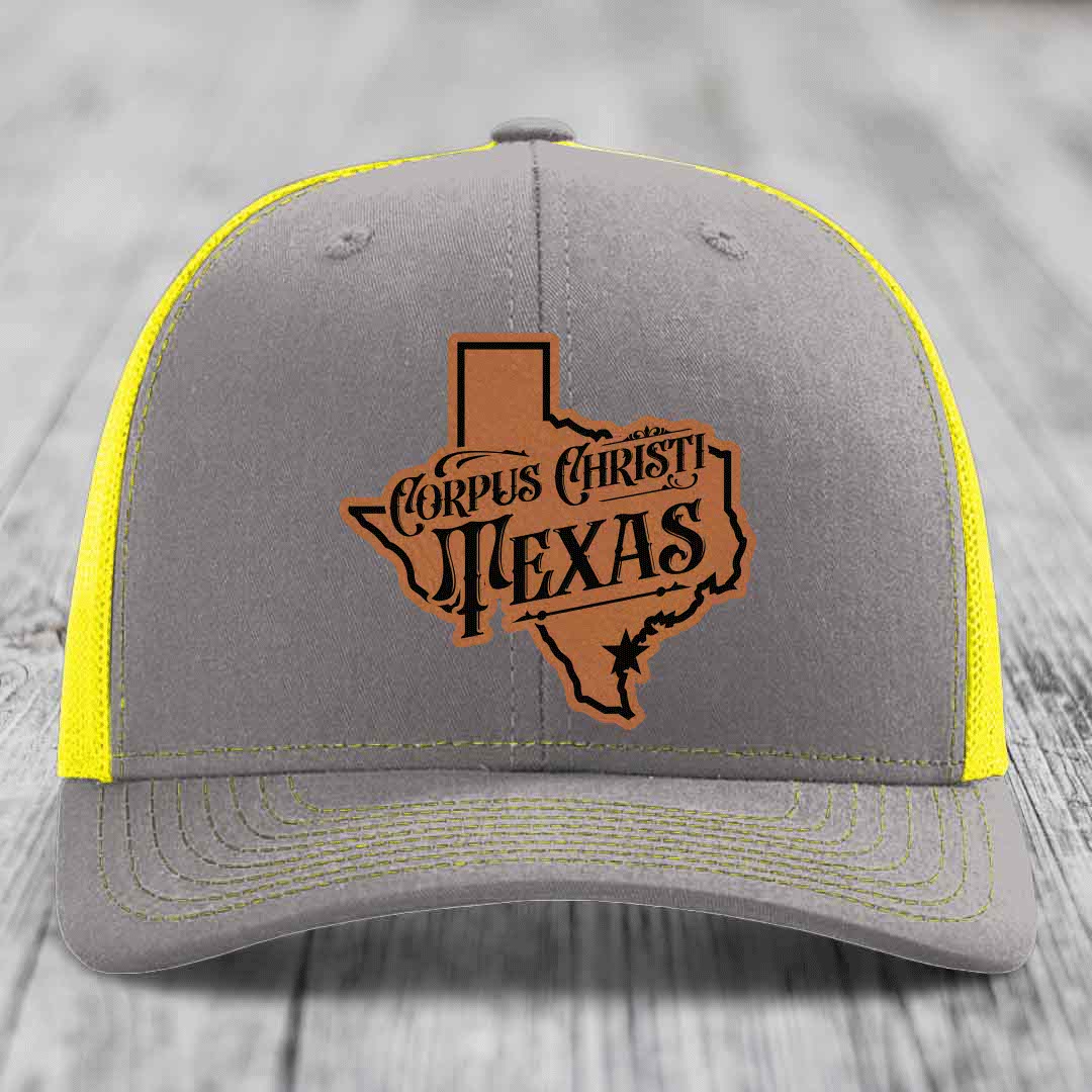 Corpus Christi Texas (Deluxe) - Leather Patch Hat - Rawhide to Black Patch - Richardson 112 Snapback Trucker Hat