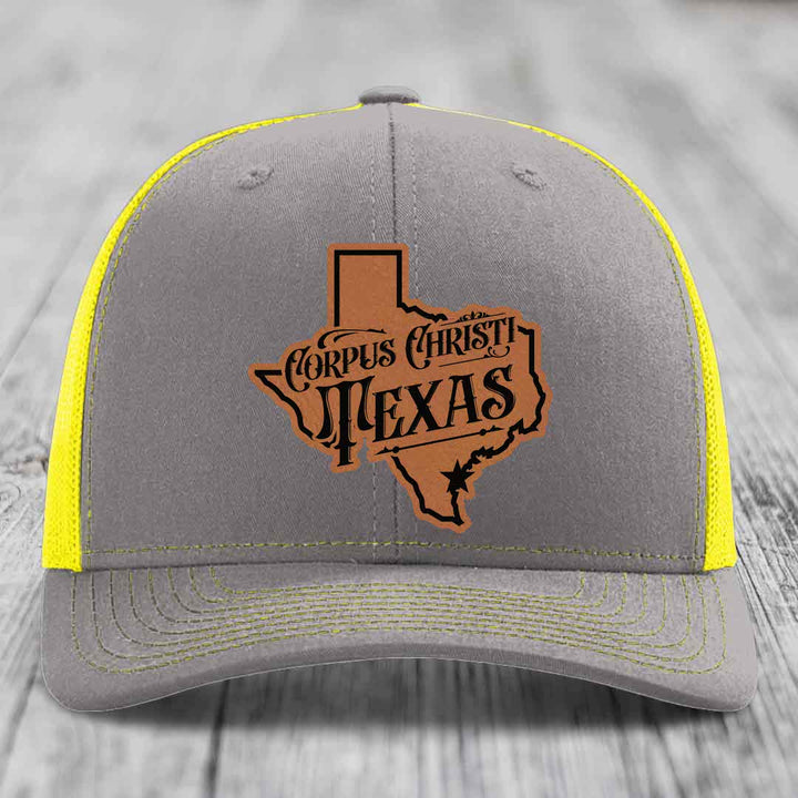 Corpus Christi Texas (Deluxe) - Leather Patch Hat - Rawhide to Black Patch - Richardson 112 Snapback Trucker Hat