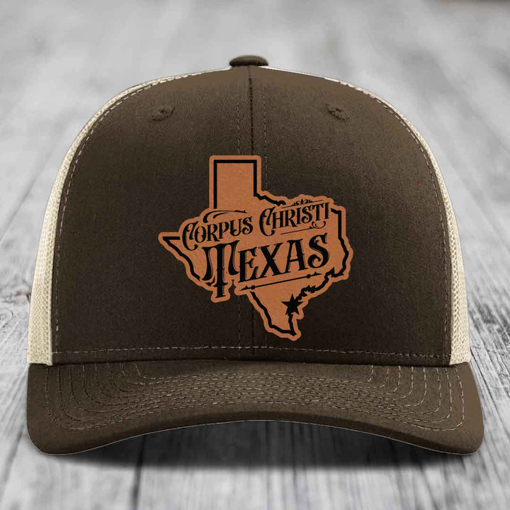 Corpus Christi Texas (Deluxe) - Leather Patch Hat - Rawhide to Black Patch - Richardson 112 Snapback Trucker Hat