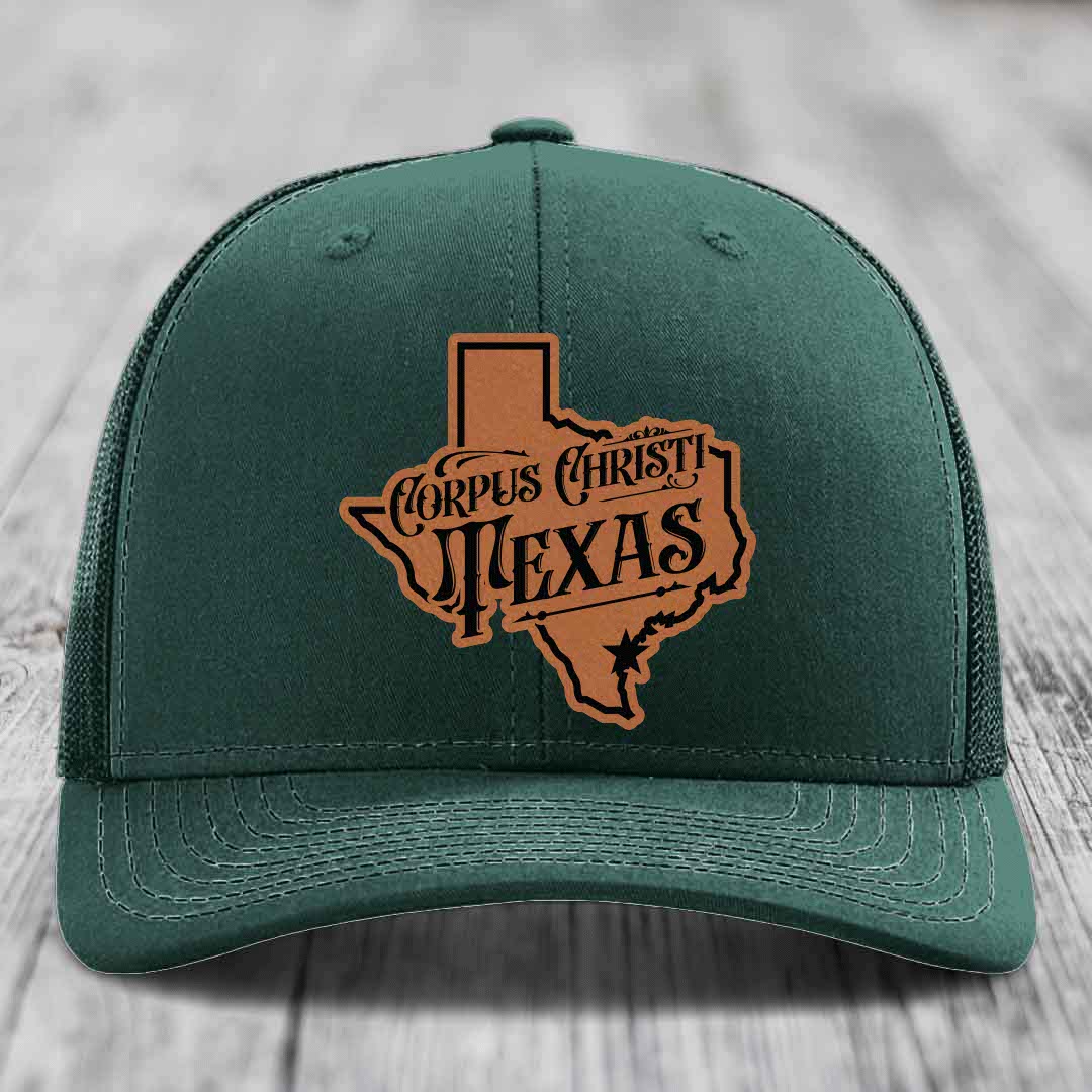 Corpus Christi Texas (Deluxe) - Leather Patch Hat - Rawhide to Black Patch - Richardson 112 Snapback Trucker Hat
