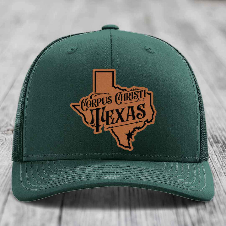 Corpus Christi Texas (Deluxe) - Leather Patch Hat - Rawhide to Black Patch - Richardson 112 Snapback Trucker Hat