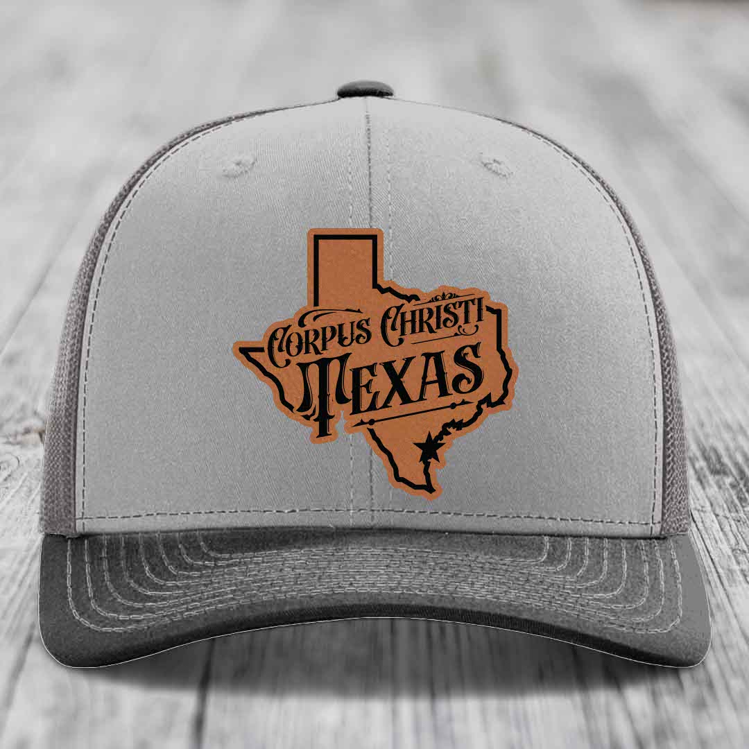 Corpus Christi Texas (Deluxe) - Leather Patch Hat - Rawhide to Black Patch - Richardson 112 Snapback Trucker Hat