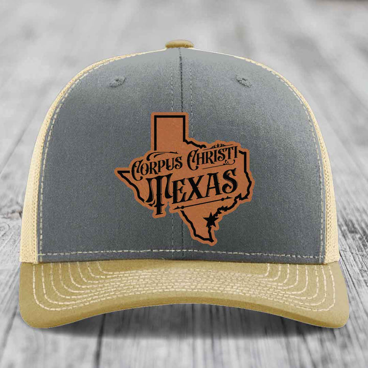 Corpus Christi Texas (Deluxe) - Leather Patch Hat - Rawhide to Black Patch - Richardson 112 Snapback Trucker Hat