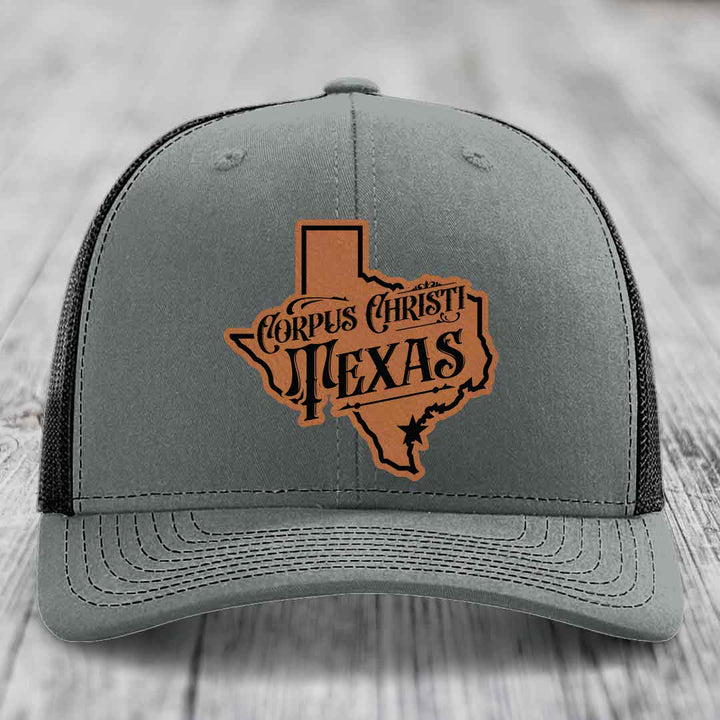 Corpus Christi Texas (Deluxe) - Leather Patch Hat - Rawhide to Black Patch - Richardson 112 Snapback Trucker Hat