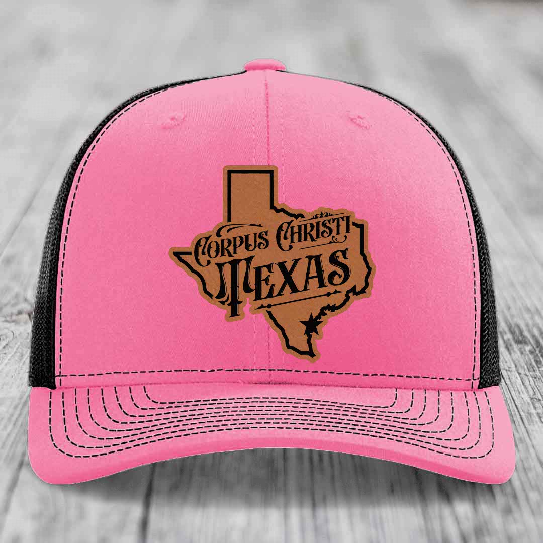 Corpus Christi Texas (Deluxe) - Leather Patch Hat - Rawhide to Black Patch - Richardson 112 Snapback Trucker Hat