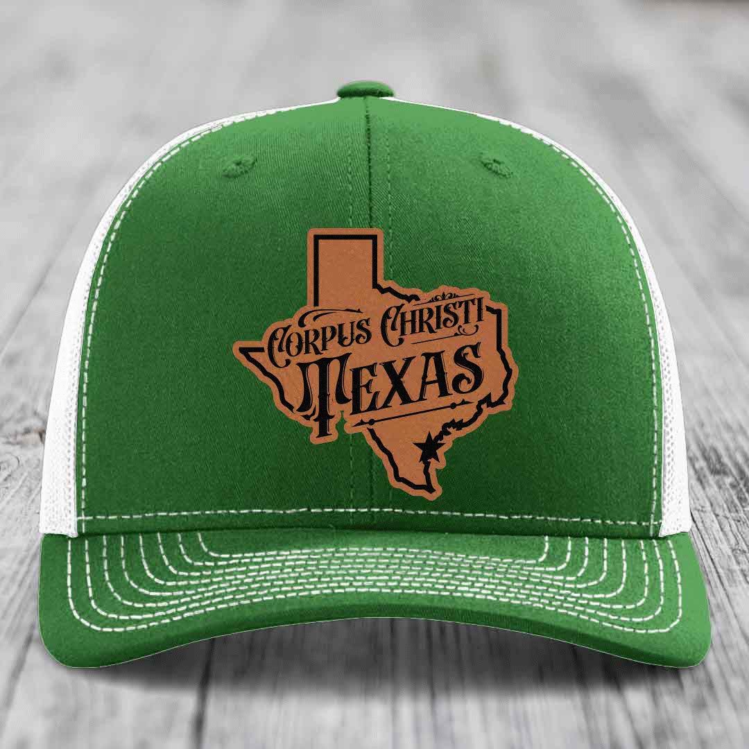Corpus Christi Texas (Deluxe) - Leather Patch Hat - Rawhide to Black Patch - Richardson 112 Snapback Trucker Hat