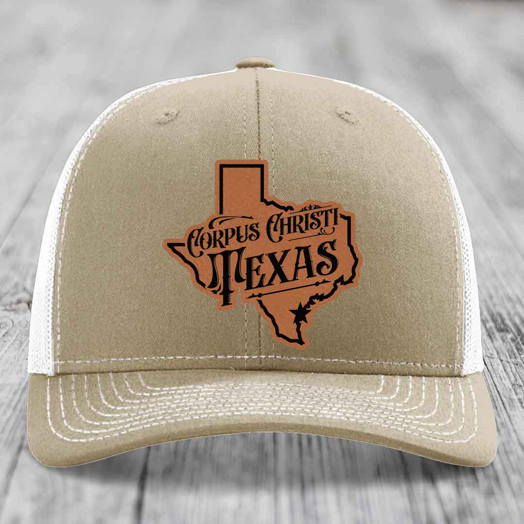 Corpus Christi Texas (Deluxe) - Leather Patch Hat - Rawhide to Black Patch - Richardson 112 Snapback Trucker Hat